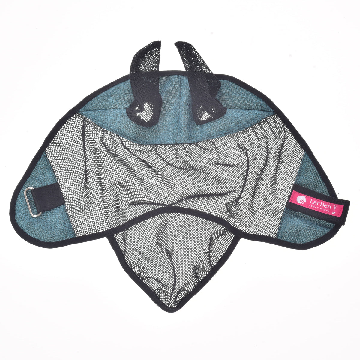 The fly mask opened out flat, black mesh face and nose piece, turquoise side panels, a buckle strap and a pink LarDen label