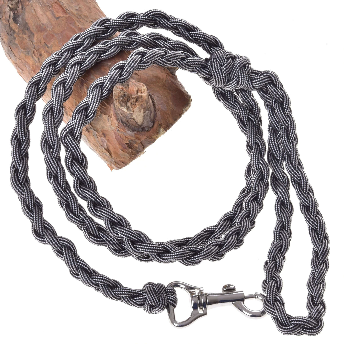 Hobby Horse Knitted Lead Rope Graphite by LarDen, braided dark grey and silver cord with snap hook on a branch