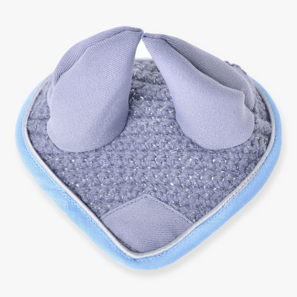 The Ear bonnet crocheted grey by Hobby Horse LarDen features a light blue and gray design with two upright ear covers and a rounded shape—ideal as a stylish grey ear bonnet for your hobby horse.