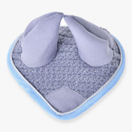 The Ear bonnet crocheted grey by Hobby Horse LarDen features a light blue and gray design with two upright ear covers and a rounded shape—ideal as a stylish grey ear bonnet for your hobby horse.