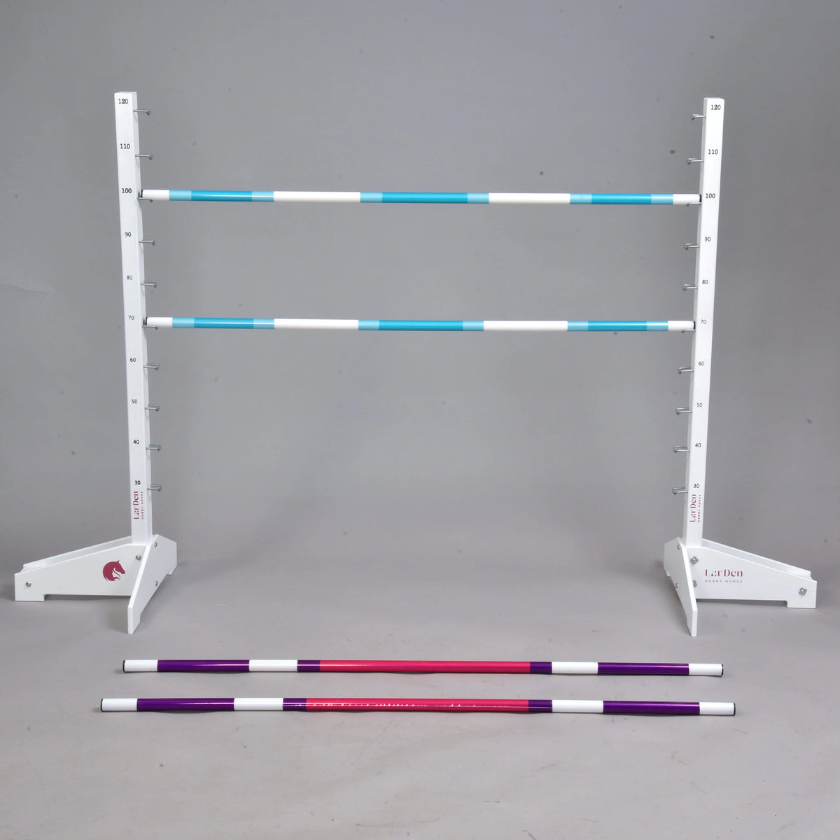Hobby Horse Jump with Extra Poles by LarDen: two turquoise poles on white wings, two purple and pink poles on the floor