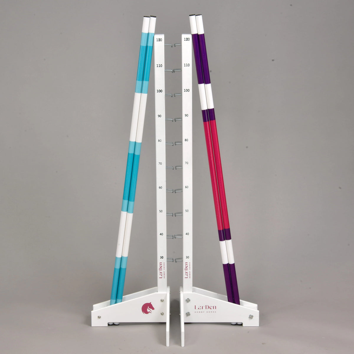 Both jump wings standing side by side with the four poles leaning against them and the LarDen logo on the white feet
