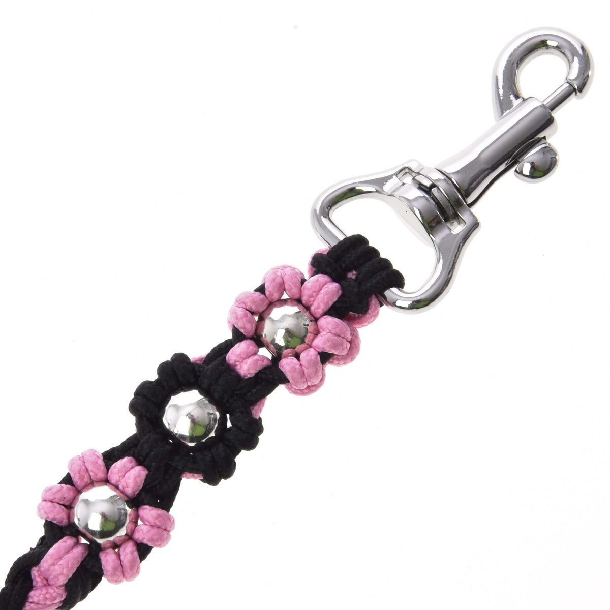 Close-up of the Hobby Horse LarDen Lead Rope Bloom Pink, a black leash with pink flower accents and silver studs, finished with a shiny metal clasp—ideal for leading or lunging your hobby horse in style.