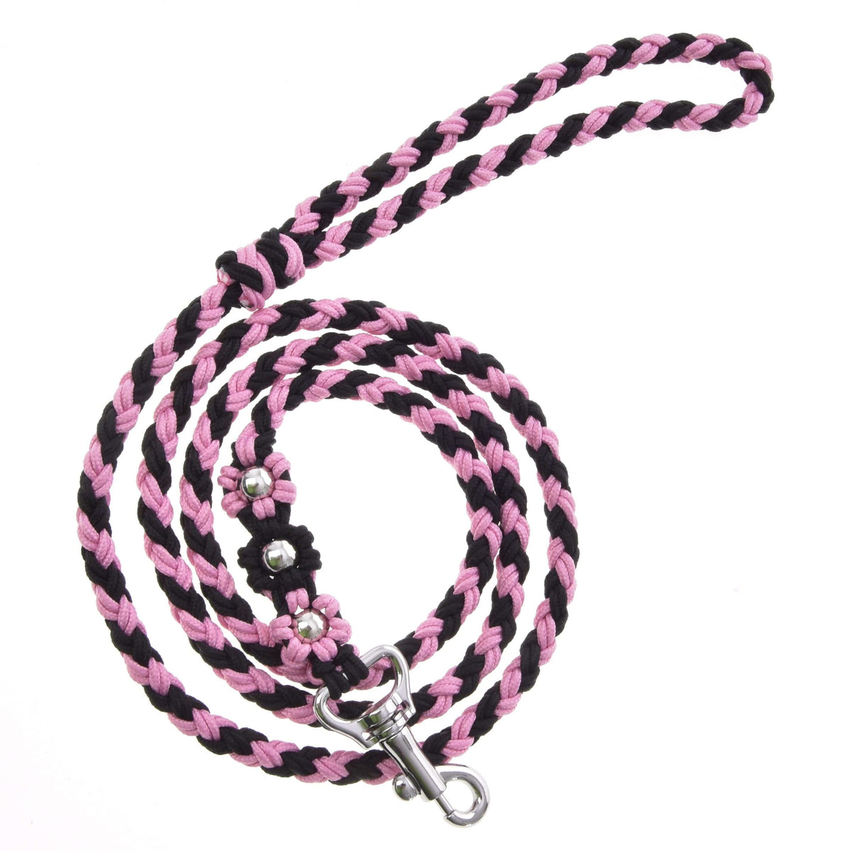 The Hobby Horse LarDen Lead Rope Bloom Pink is a stylish pink and black braided leash with a metal clip and decorative silver beads, perfect for leading or lunging your hobby horse.