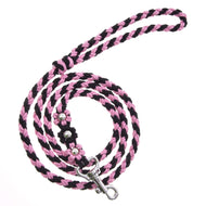 The Hobby Horse LarDen Lead Rope Bloom Pink is a stylish pink and black braided leash with a metal clip and decorative silver beads, perfect for leading or lunging your hobby horse.