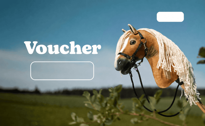 LarDen Hobby Horse Voucher with white Voucher lettering beside a golden-brown plush horse in a black bridle over a meadow