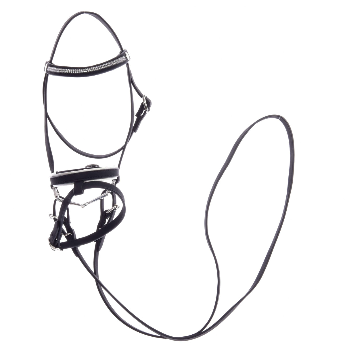 The Hobby Horse LarDen Complete De Luxe bridle with 2 browbands features black leather, silver hardware, a raised padded detachable browband, and a combined noseband, shown on a white background.