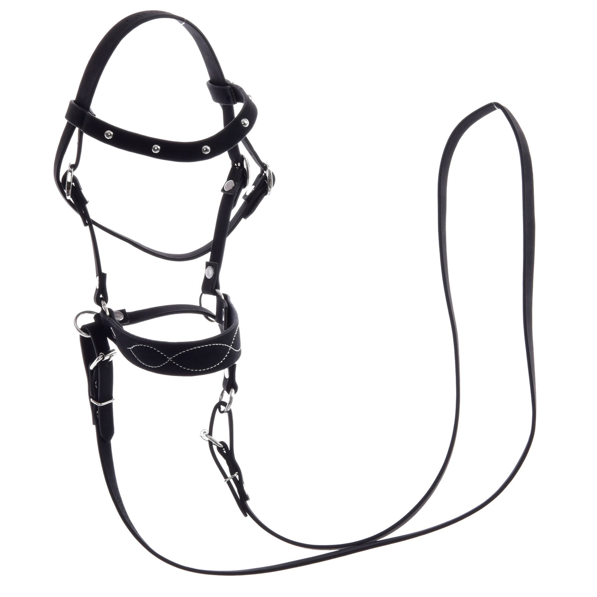 The Complete bitless bridle, decorated by Hobby Horse LarDen is a black horse halter with silver hardware, adjustable straps, and a long lead rope, ideal for hobby horses or use as a bitless bridle. Displayed on a white background.