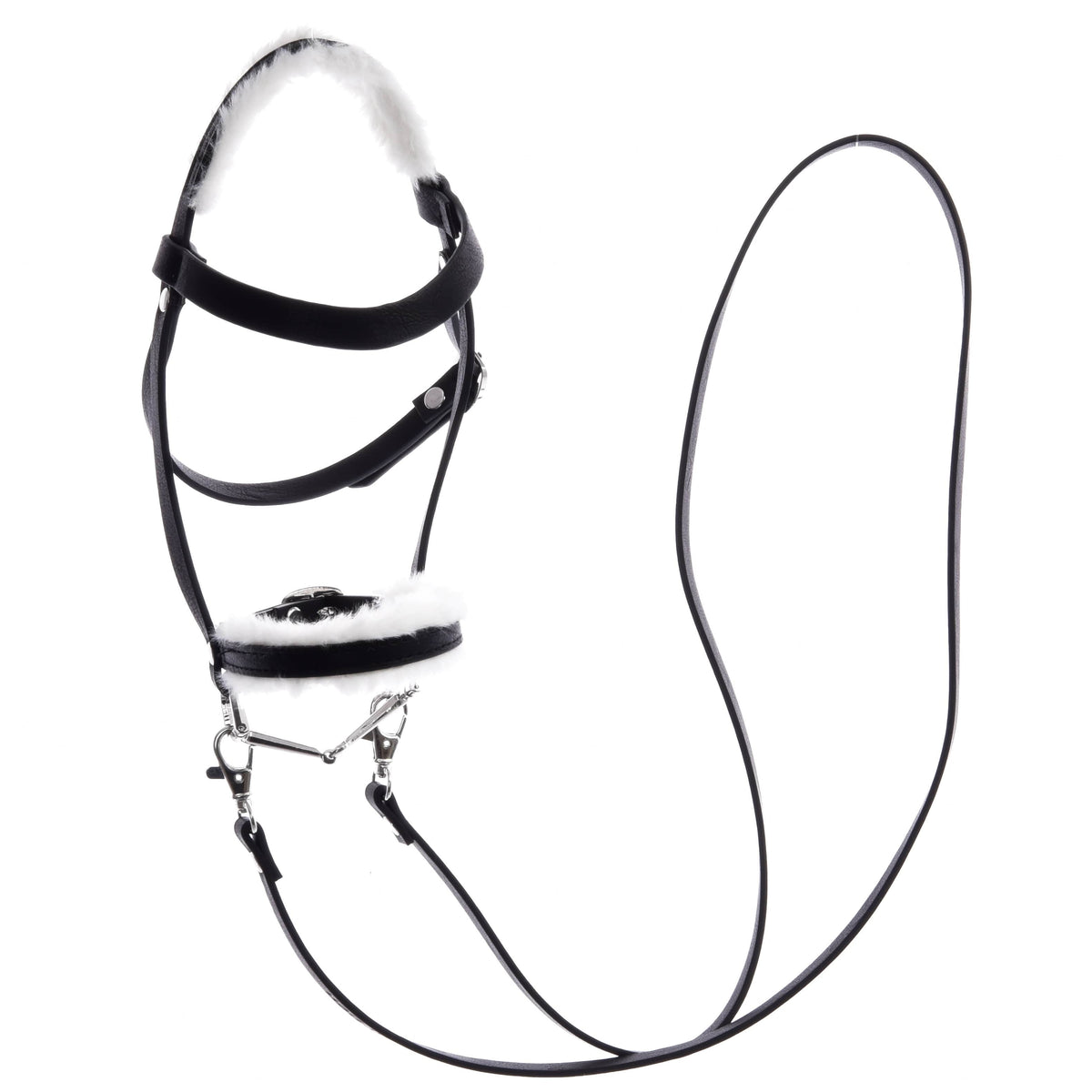 The Hobby Horse LarDen Complete bridle with fur features black leatherette, white fleece padding on the noseband and crownpiece, attached reins, and a soft fur look, shown isolated on a white background.