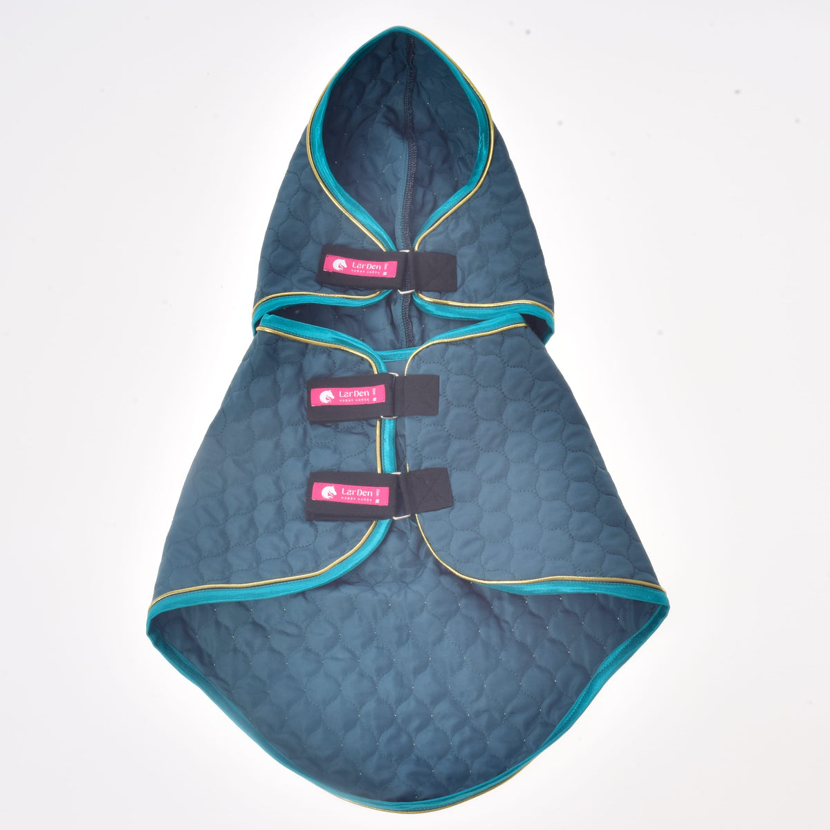 Green quilted Hobby Horse blanket laid open to show the neck cover and three black fastening straps