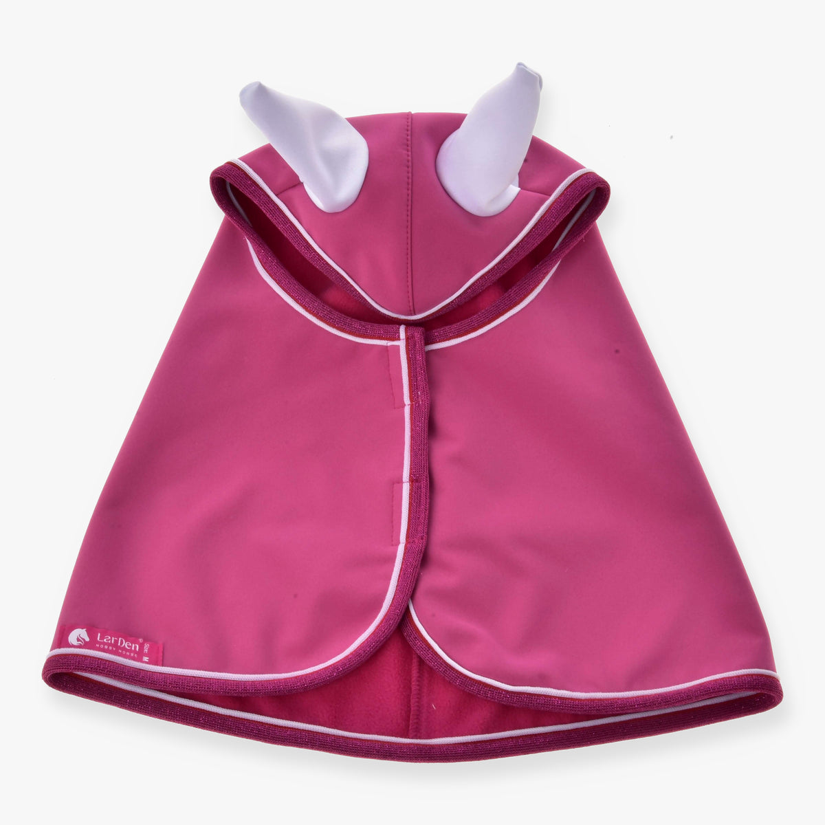Hobby Horse Raincoat LarDen opened out from above, raspberry pink with white ears, white piping and a pink fleece lining