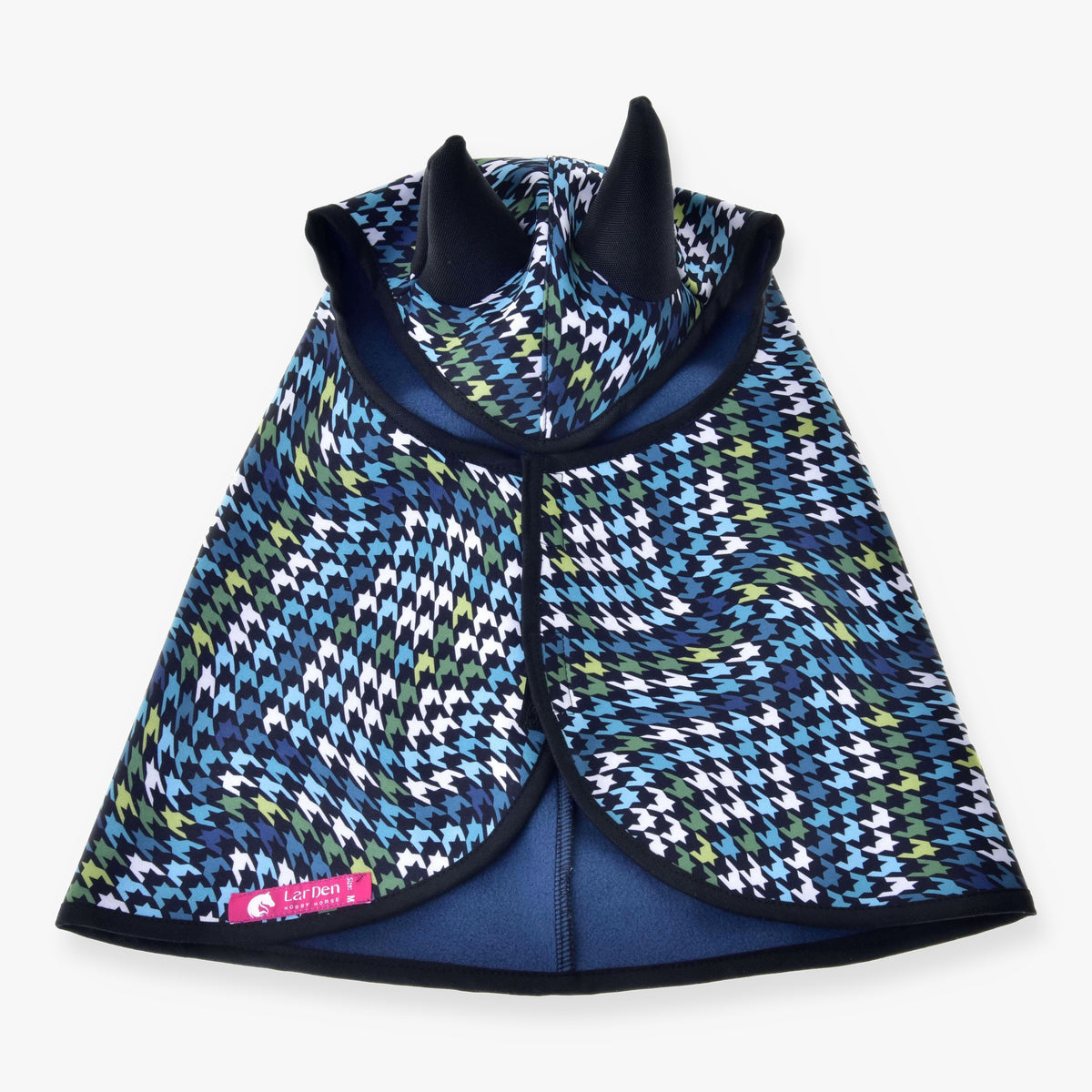 Hobby Horse Raincoat Lara by LarDen from above, wavy houndstooth in blue, green and white with black ears and binding