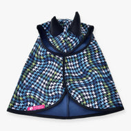 Hobby Horse Raincoat Lara by LarDen in blue, green, white and black houndstooth with ear covers