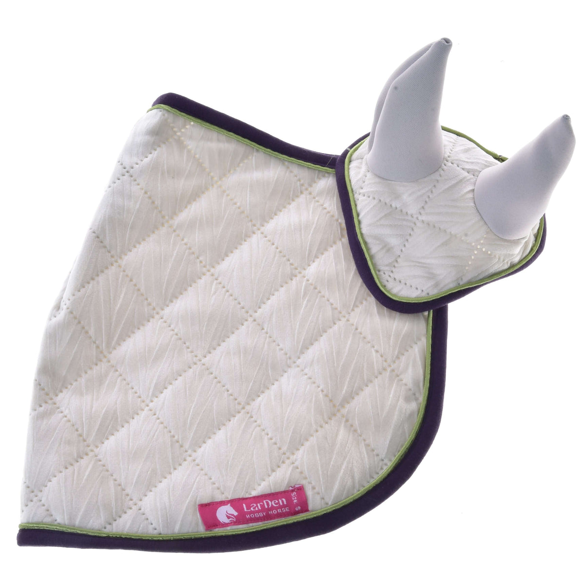 The Set Leonardo by Hobby Horse LarDen is a white, quilted ear bonnet with two fabric-covered ears, purple trim, green piping, and a pink LazDen label. It’s shown laid flat on a white background.