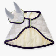 Set Leonardo by Hobby Horse LarDen is a white quilted pet cape with purple trim and two soft gray horns at the collar—ideal as a fun horse decoration or a playful alternative to an ear bonnet for your furry friend.