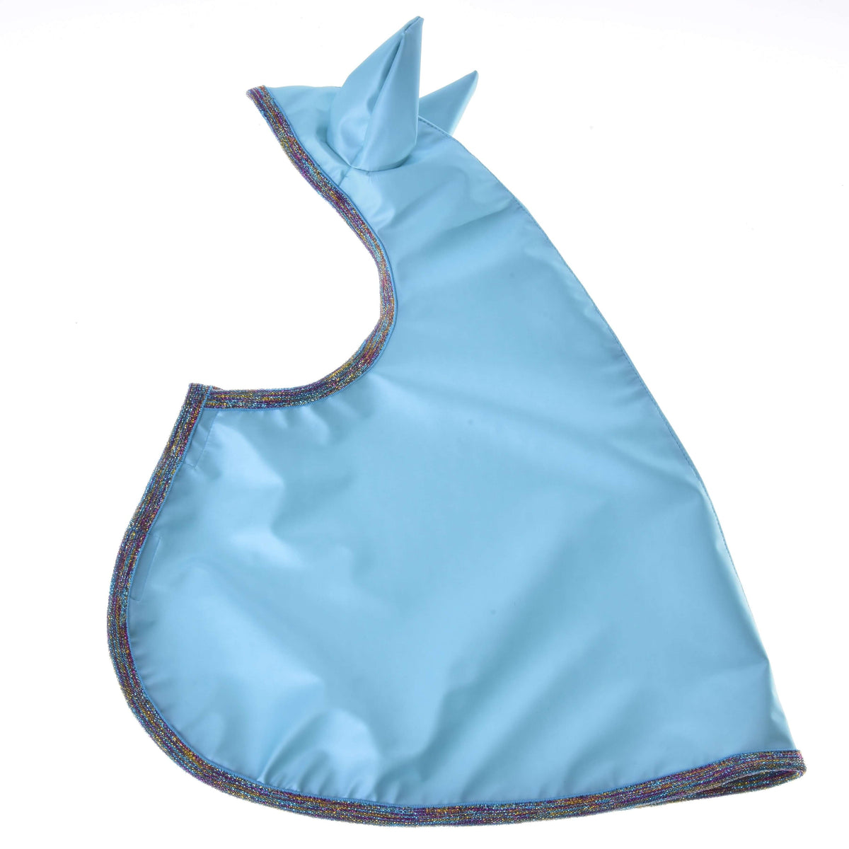 The Hobby Horse LarDen Raincoat Light Blue features ear-like triangles at the top and multicolored trim, shown laid flat on a white background—ideal for all weather.