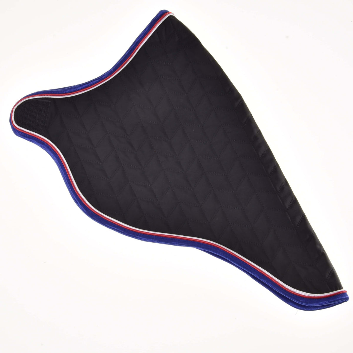 The Travel Rug Luxury by Hobby Horse LarDen is a black quilted saddle pad with a blue edge, accented by red and white stripes, styled like a luxury horse rug and shown against a white background.