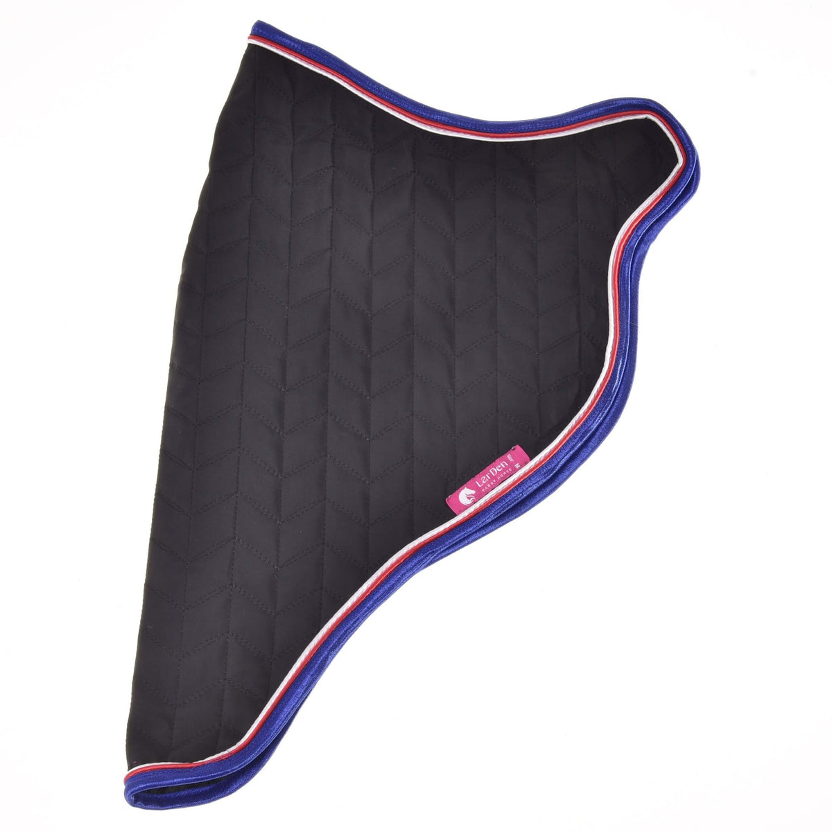 The Travel Rug Luxury by Hobby Horse LarDen is a black, quilted piece with blue edges, red-and-white trim, a pink label near the edge, and a slight curve. Displayed on a white background.