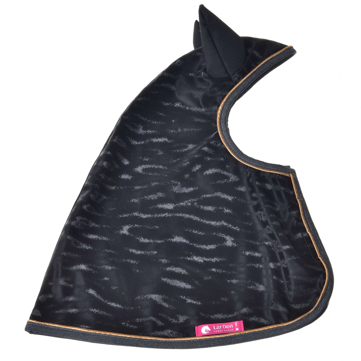 Black raincoat with a tonal stripe sheen laid flat from the side, gold-piped edges and a pink LarDen label at the hem