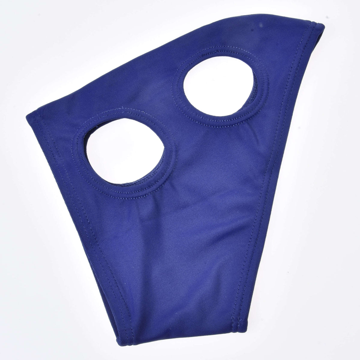 Navy Horse Mask without ears for Hobby Horses laid flat, with round stitched openings for the eye and the ear