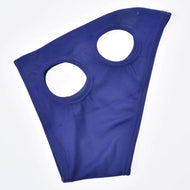 The Horse Mask without ears LarDen by Hobby Horse LarDen is a dark blue fabric mask with two circular cutouts, shown flat on a white background—perfect for hobby horse protection or novelty use.