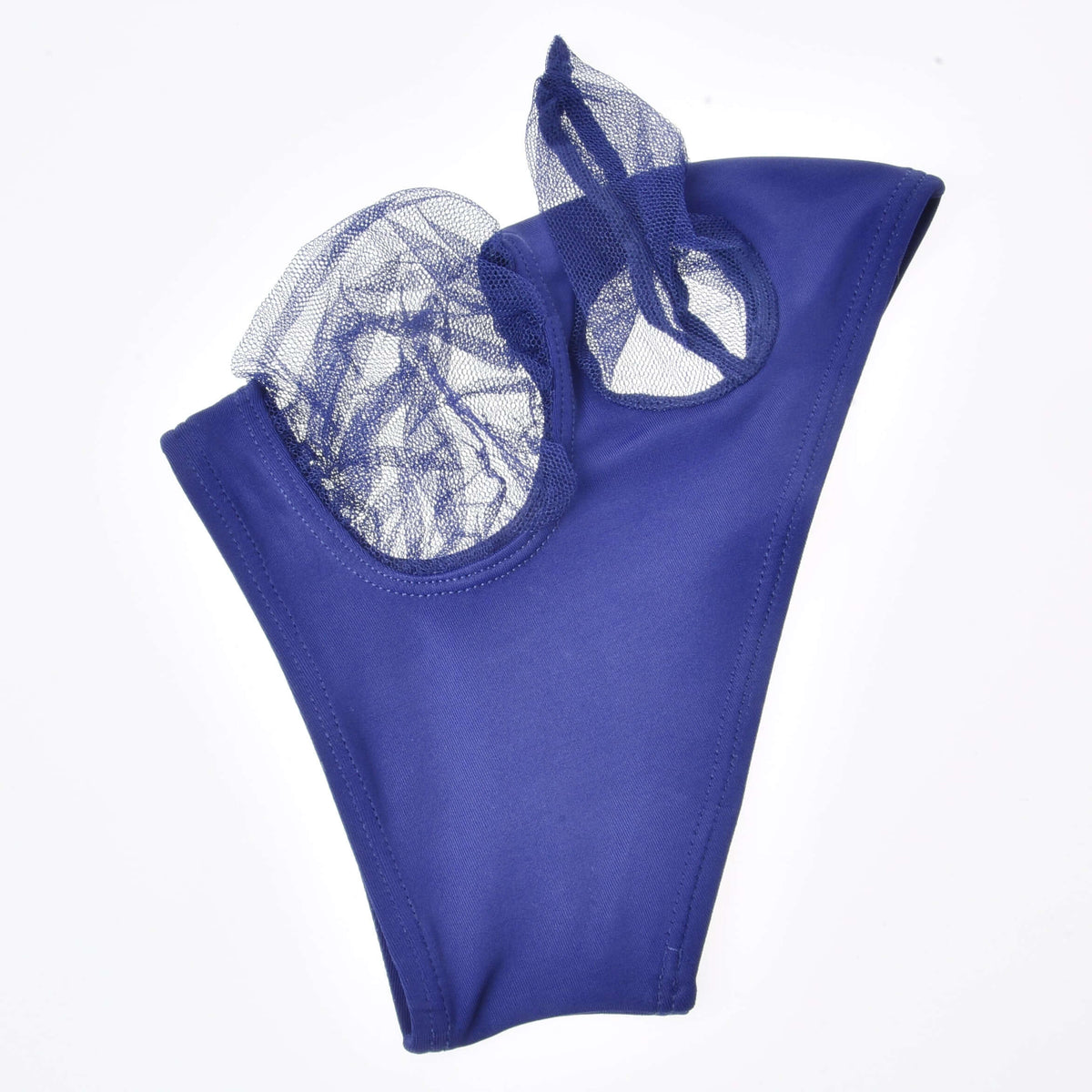 Royal blue fly mask laid flat from the side, smooth stretch fabric with gathered navy net over the ear and eye openings