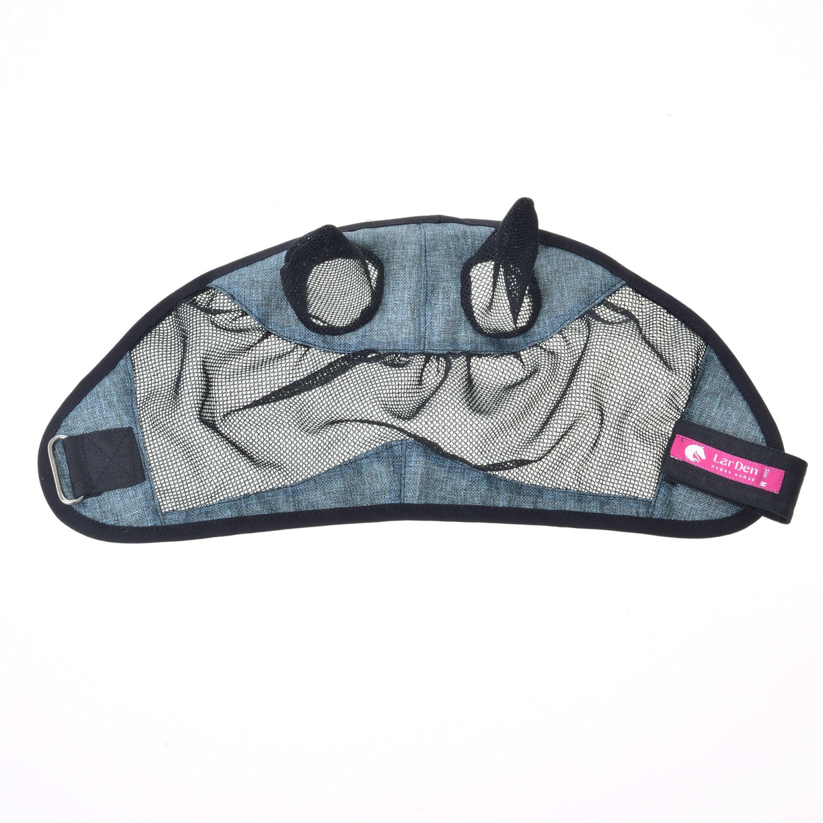 A turquoise Fly Mask De Luxe by Hobby Horse LarDen, washable with black trim, mesh lining, two black ear shapes, and a pink Lett Deli tag on the right side, shown flat on a white background.