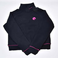 The Hobby Horse LarDen Sweatshirt is a black, long-sleeve pullover with a half-zip collar, pink cuff trim, pink horse head logo on the chest, and LUV DVL text on the collar for standout style.