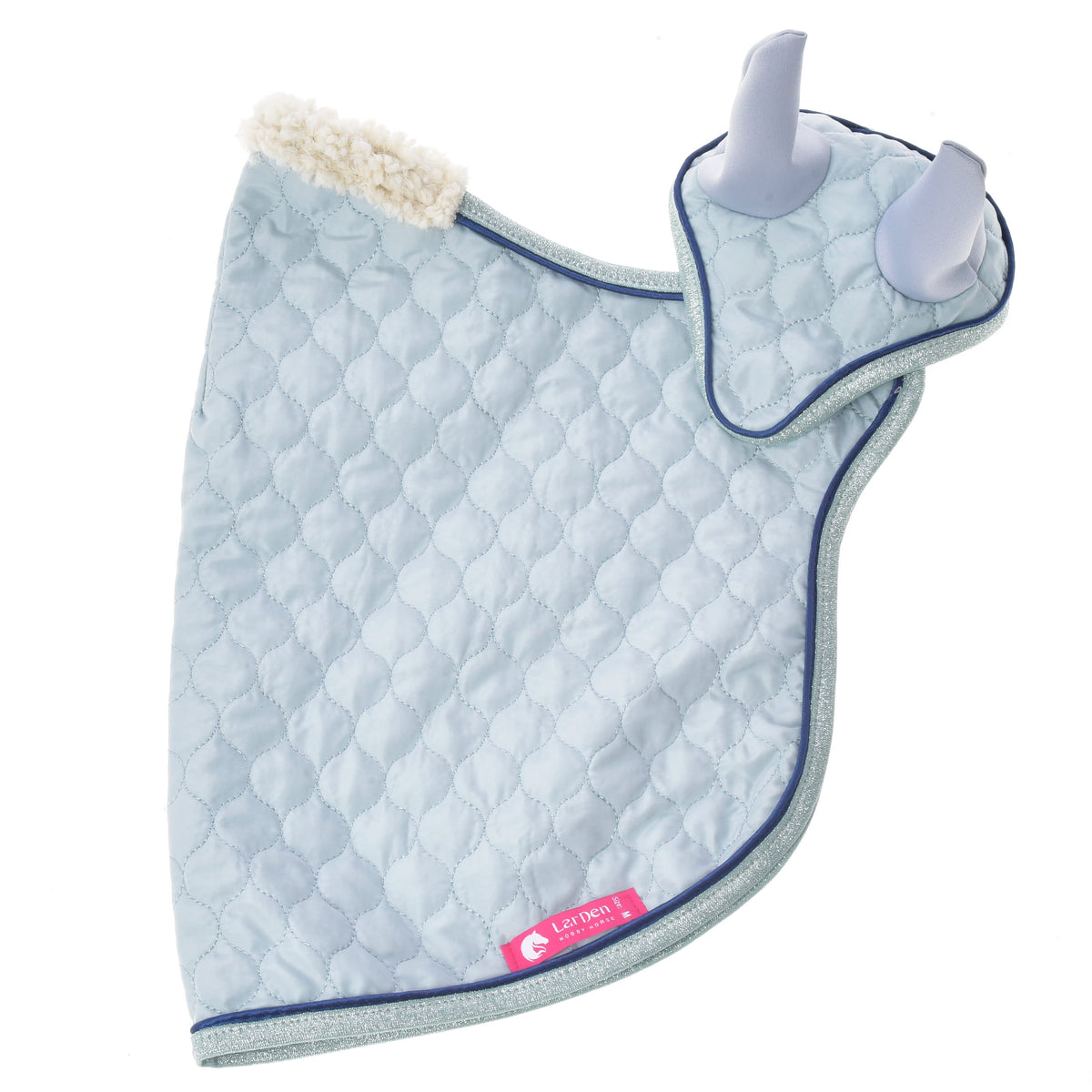 Hobby Horse Set Mint blanket and ear bonnet shown from the side with cream neck trim