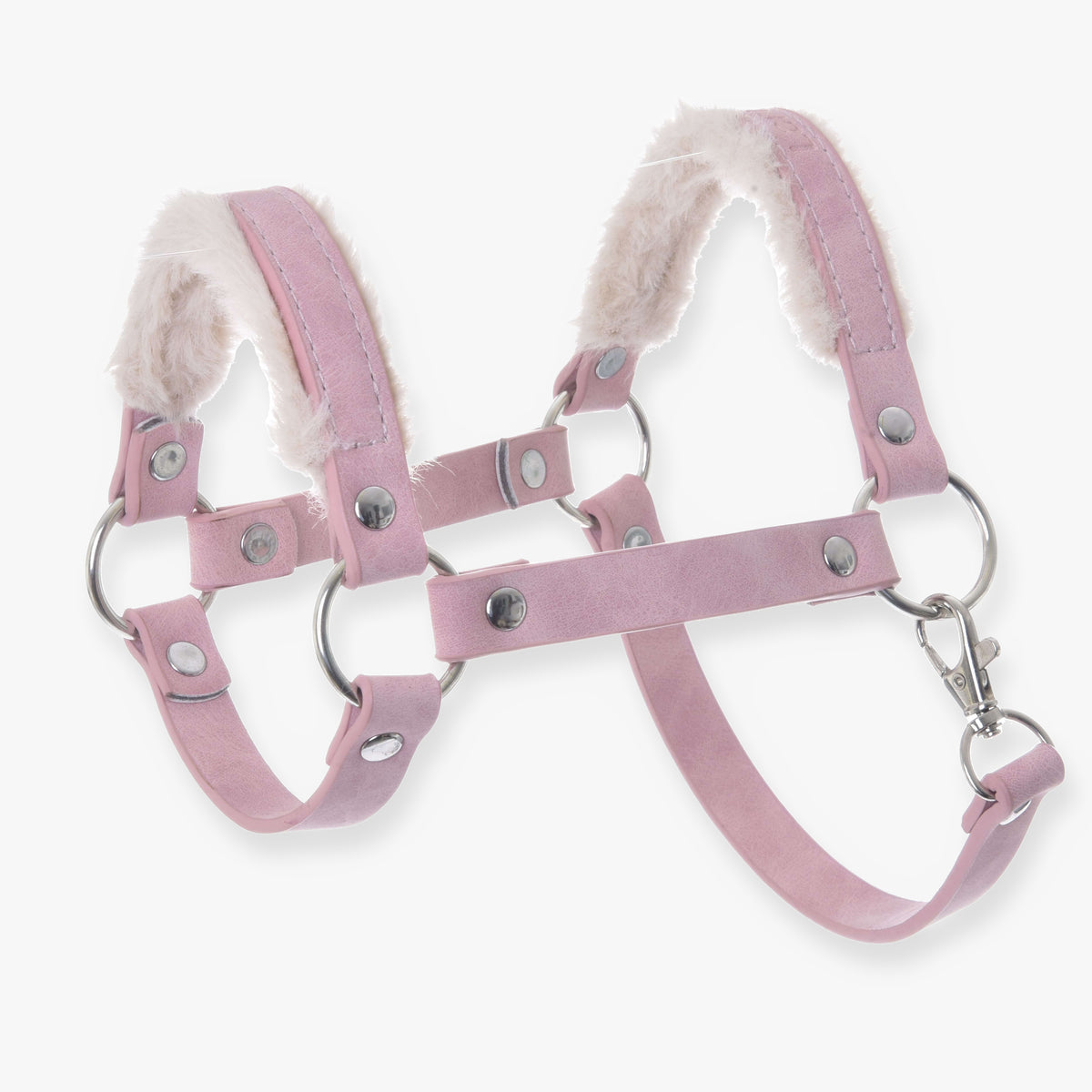 The Hobby Horse LarDen Halter with fur - leatherette Mullbery features soft white fleece padding on the noseband and crownpiece, silver hardware, and a light pink leatherette finish for comfort and style.