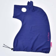 A blue Lycra hood-shaped protective suit by Hobby Horse LarDen, featuring a small ear-like bump, round face hole, drawstrings at the bottom, and "LarDen" in pink—ideal for Hobby Horse enthusiasts.