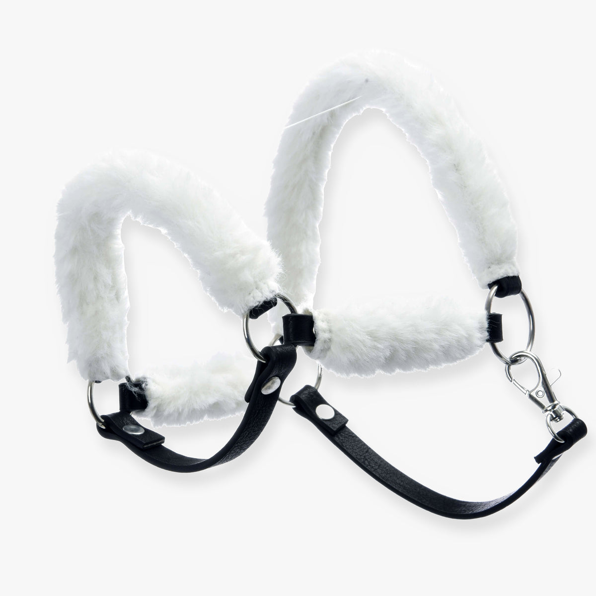 The Hobby Horse LarDen Fur Halter Teddy Classic is a black faux leather halter with white faux fur padding on the noseband and crownpiece, featuring metal rings and a secure clasp.