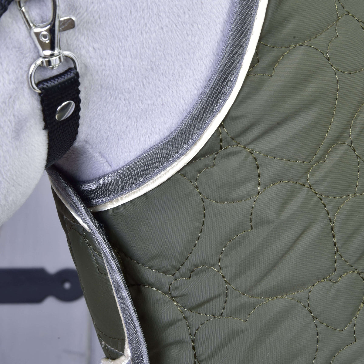 Close-up of the Set Olivetti quilted green saddle pad with white trim by Hobby Horse LarDen, featuring a metal clasp on a black strap, securely fitted on a light gray horse.