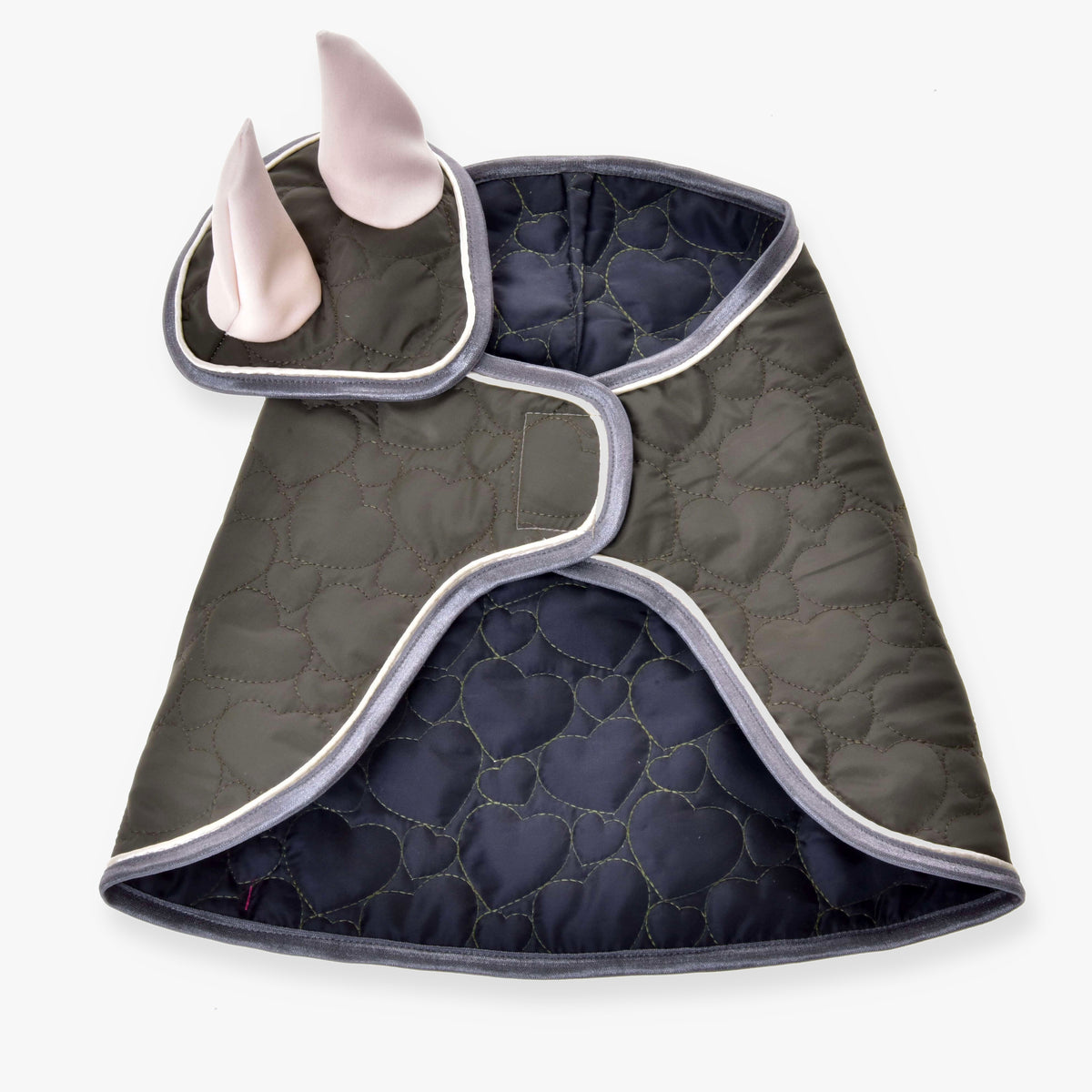 The Set Olivetti by Hobby Horse LarDen is a quilted gray pet jacket with light gray trim and an attached hood featuring soft pink inner ears—ideal for fans of horse accessories or matching your hobby horse ear bonnet.