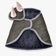 The Set Olivetti by Hobby Horse LarDen is a quilted gray pet jacket with light gray trim and an attached hood featuring soft pink inner ears—ideal for fans of horse accessories or matching your hobby horse ear bonnet.