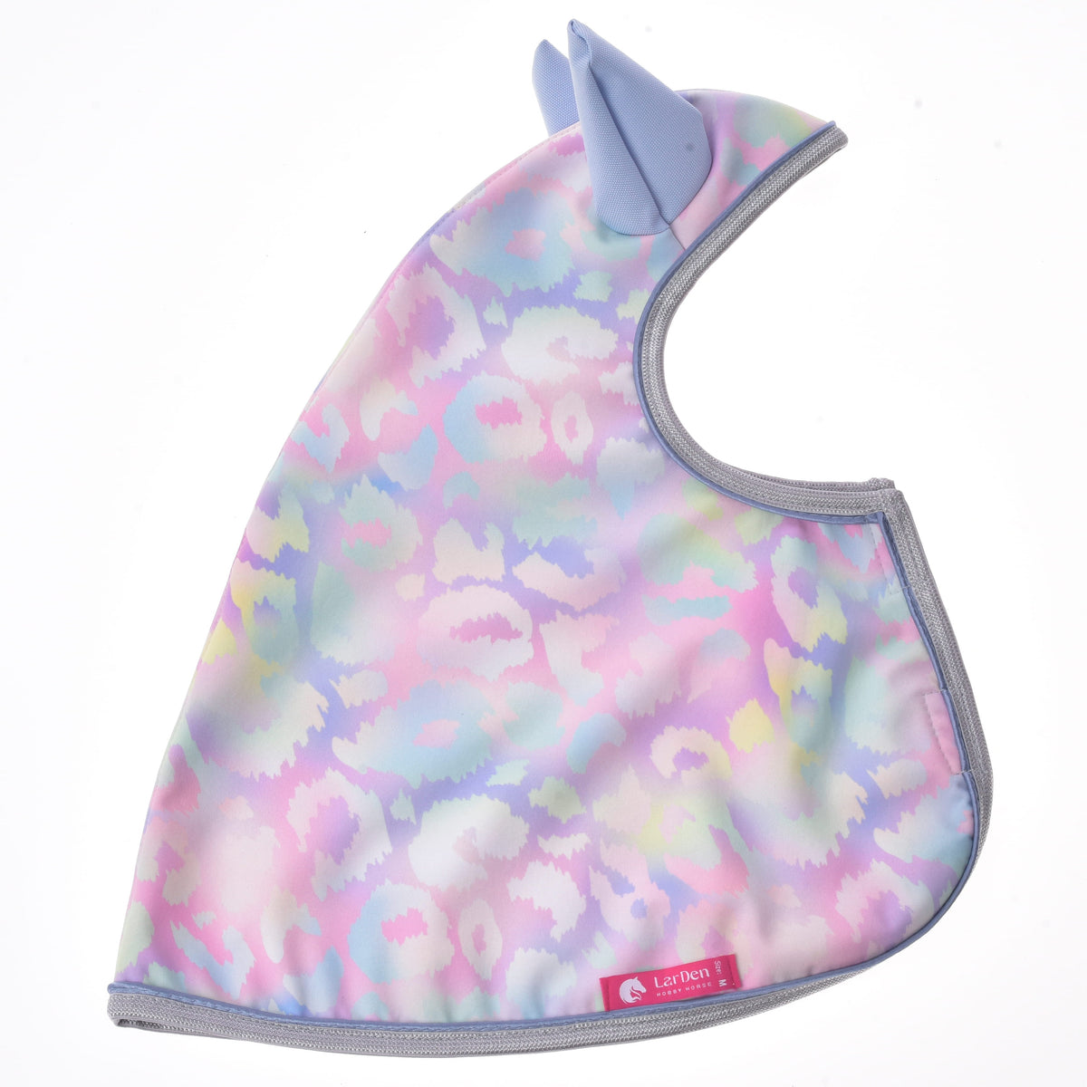 Back view of the pastel pink and blue Hobby Horse raincoat with silver edging