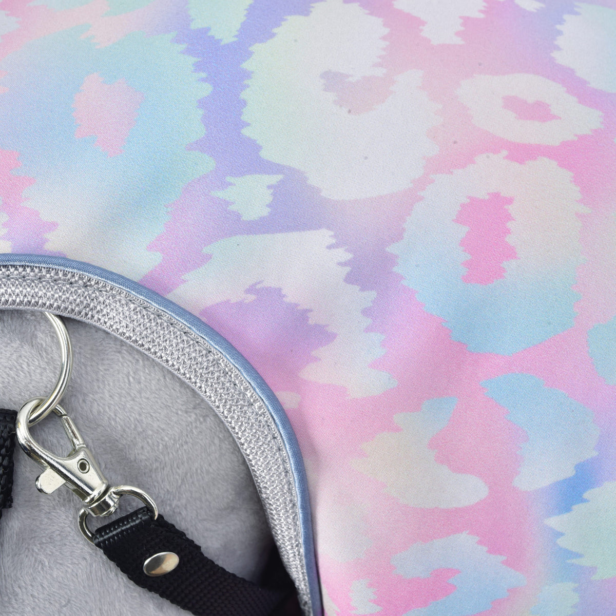 Hobby Horse Raincoat Pallette softshell detail with pink and blue pattern, grey lining and metal clip