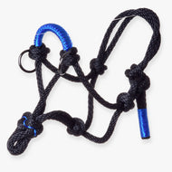 The Rope halter Azure by Hobby Horse LarDen is a black rope halter with blue accents and metal rings, perfect as a stylish accessory for your hobby horse.