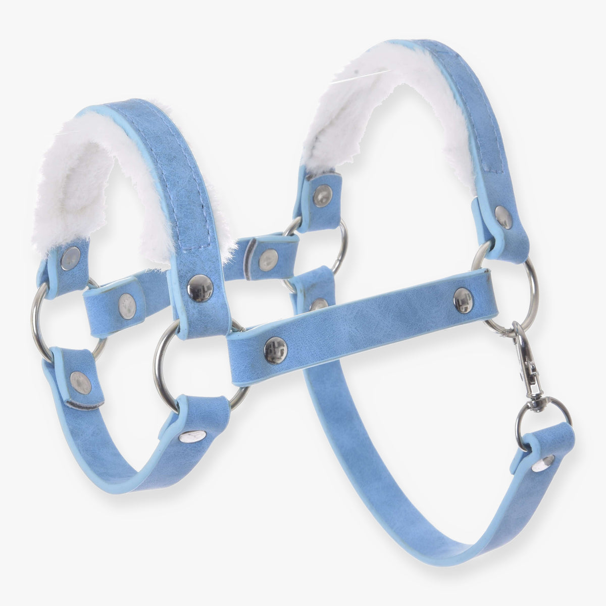Hobby Horse Halter with Fur - Leatherette Pastell Blue by LarDen with white faux fur and silver fittings
