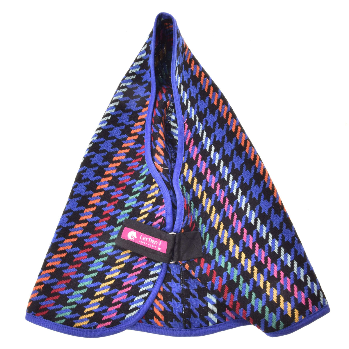The Stable Blanket Peru by Hobby Horse LarDen is a colorful dog coat with a blue, red, yellow, white, and purple houndstooth pattern, blue trim, and a pink Lap Dog! label on a black strap.
