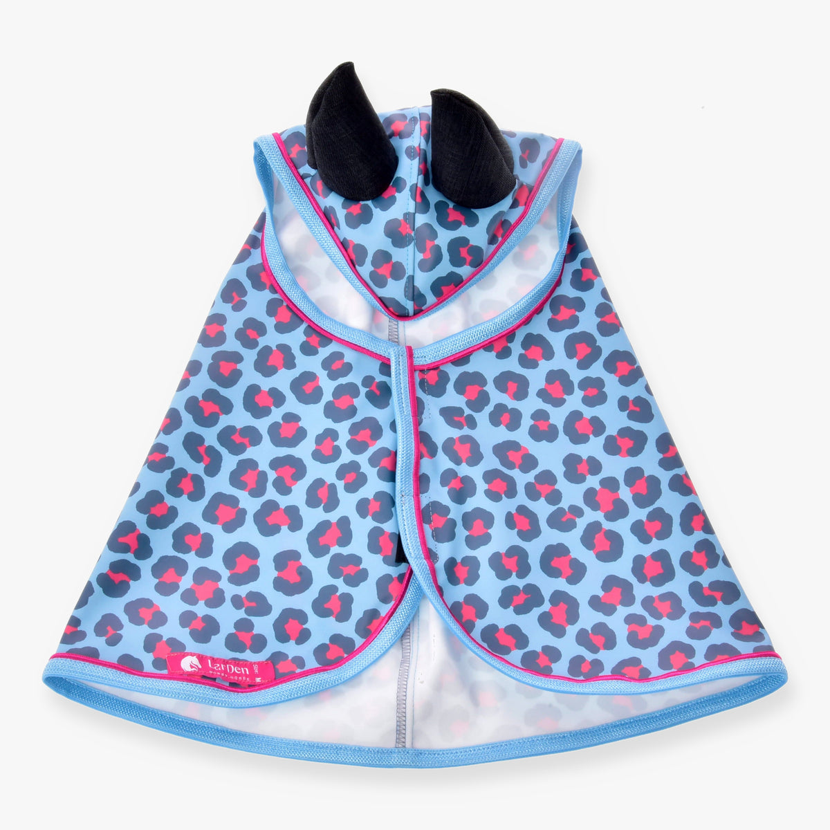 Hobby Horse Raincoat Blue Leopard by LarDen with blue leopard print, pink trim and black ear openings