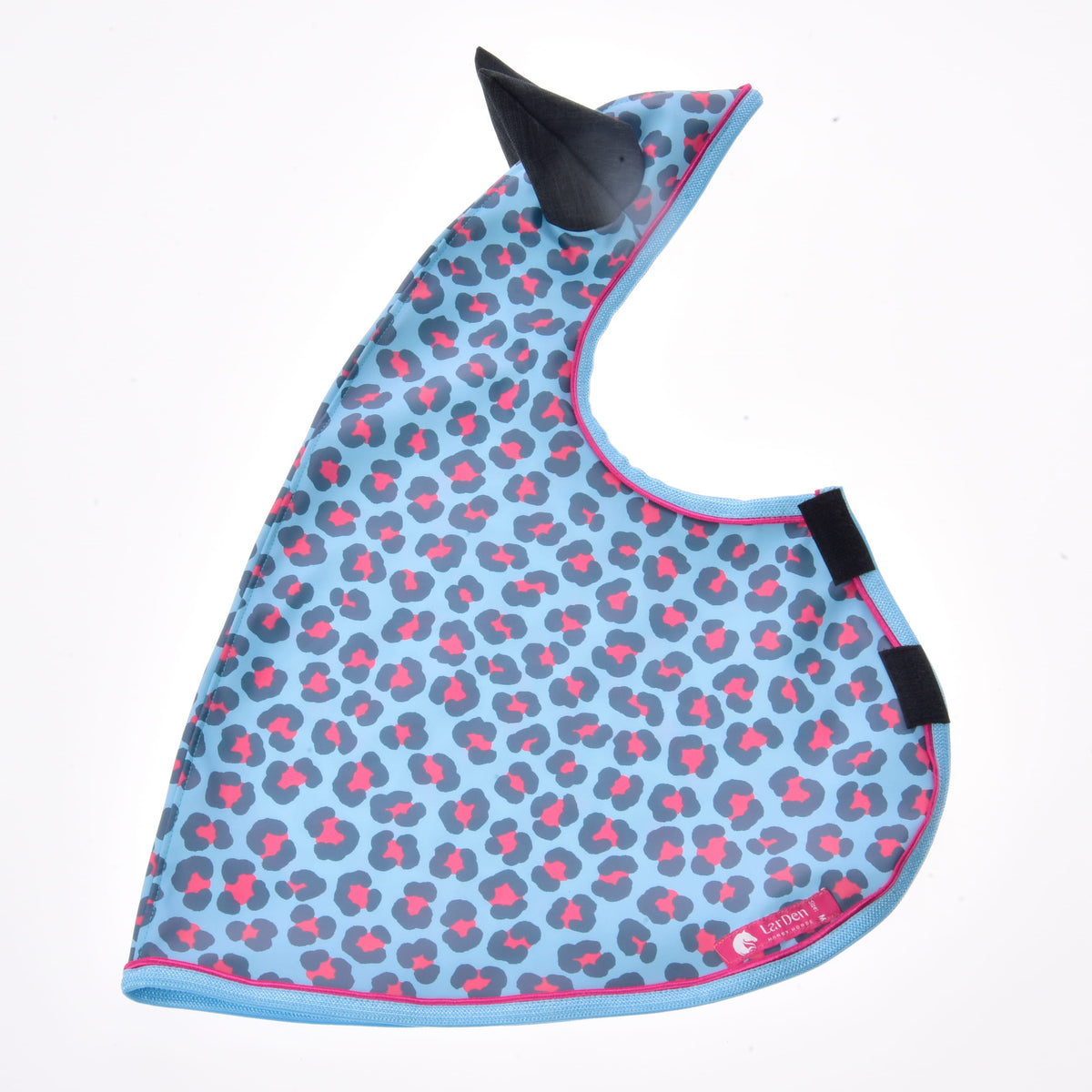 The Hobby Horse LarDen Raincoat Blue Leopard features a blue cape with pink and dark gray leopard print, black ear-shaped detail, blue trim, and side Velcro fastening—perfect for keeping your pet dry on any ride.