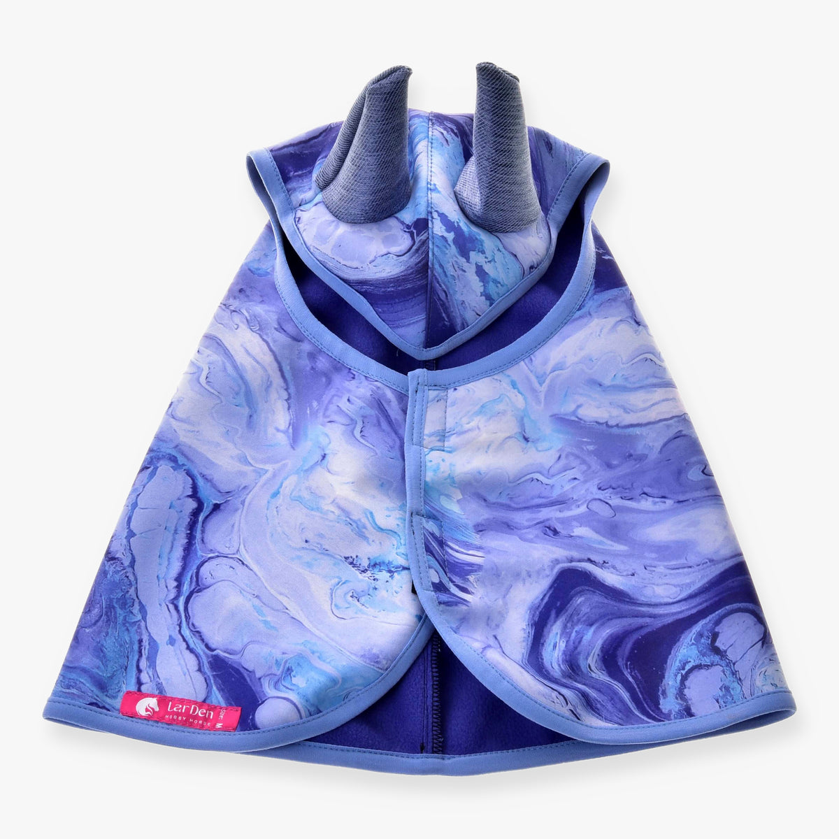 Hobby Horse Raincoat Galaxy Blue by LarDen from above, marbled lilac and blue print with blue-grey ears and light blue binding