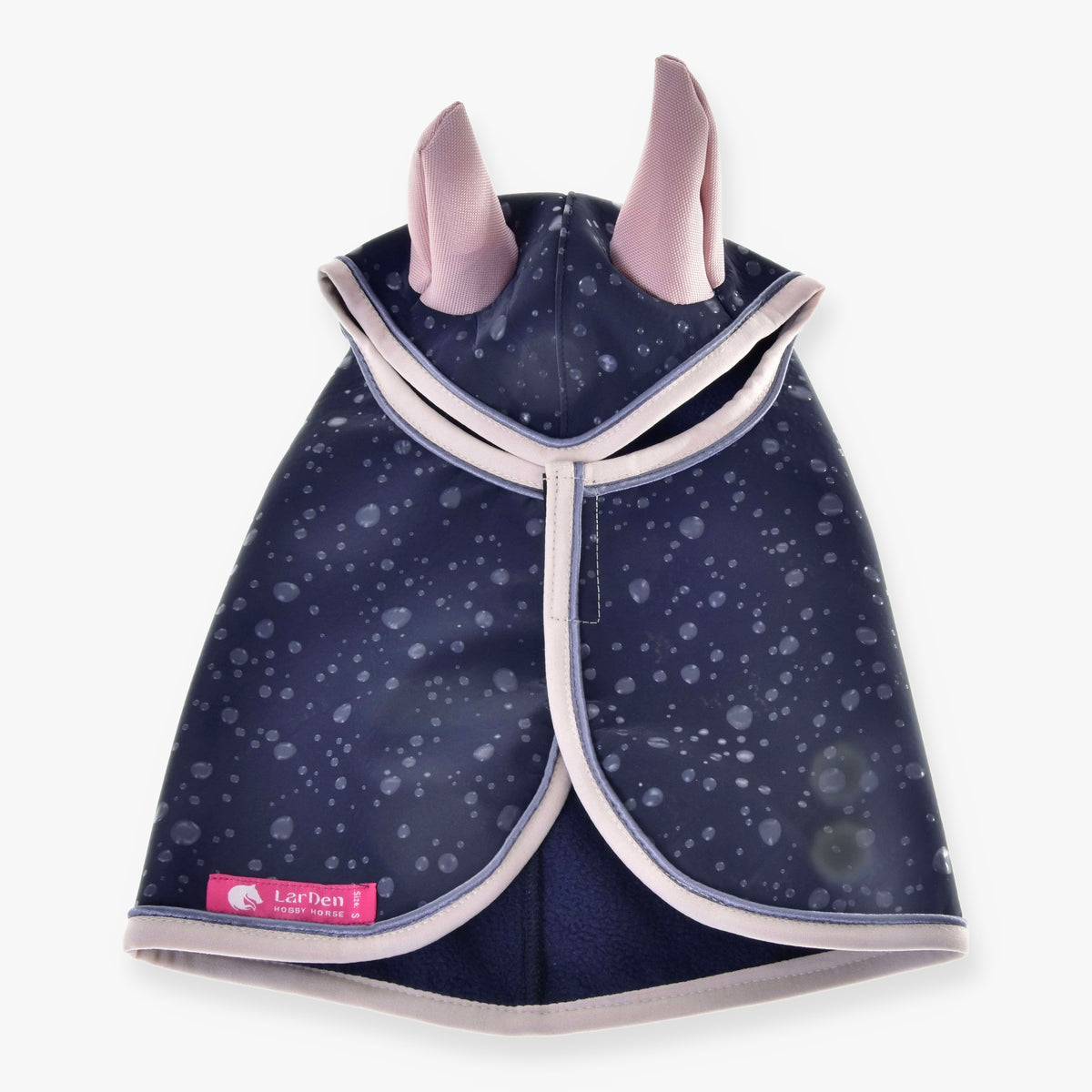 Hobby Horse Raincoat Pinkie Blue by LarDen in navy with raindrop print, pink ears and pale trim