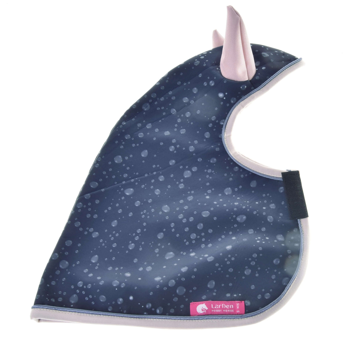 The Raincoat Pinkie Blue (softshell) by Hobby Horse LarDen features a navy blue raindrop pattern, pink trim and ears, a black Velcro strap, and a pink label—ideal all-weather protection for your hobby horse.