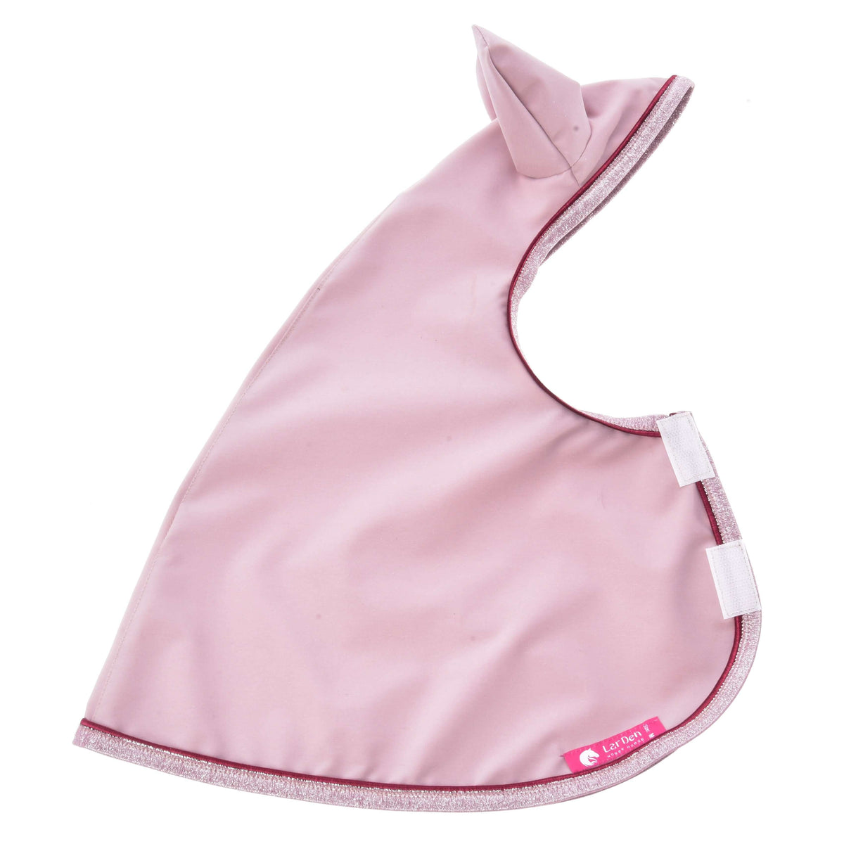 Raincoat Veloria by Hobby Horse LarDen is a light pink hooded cape with a pointed ear, shiny fabric, and white Velcro straps. A small pink tag accents the edge—perfect for any weather or hobby horse adventures.