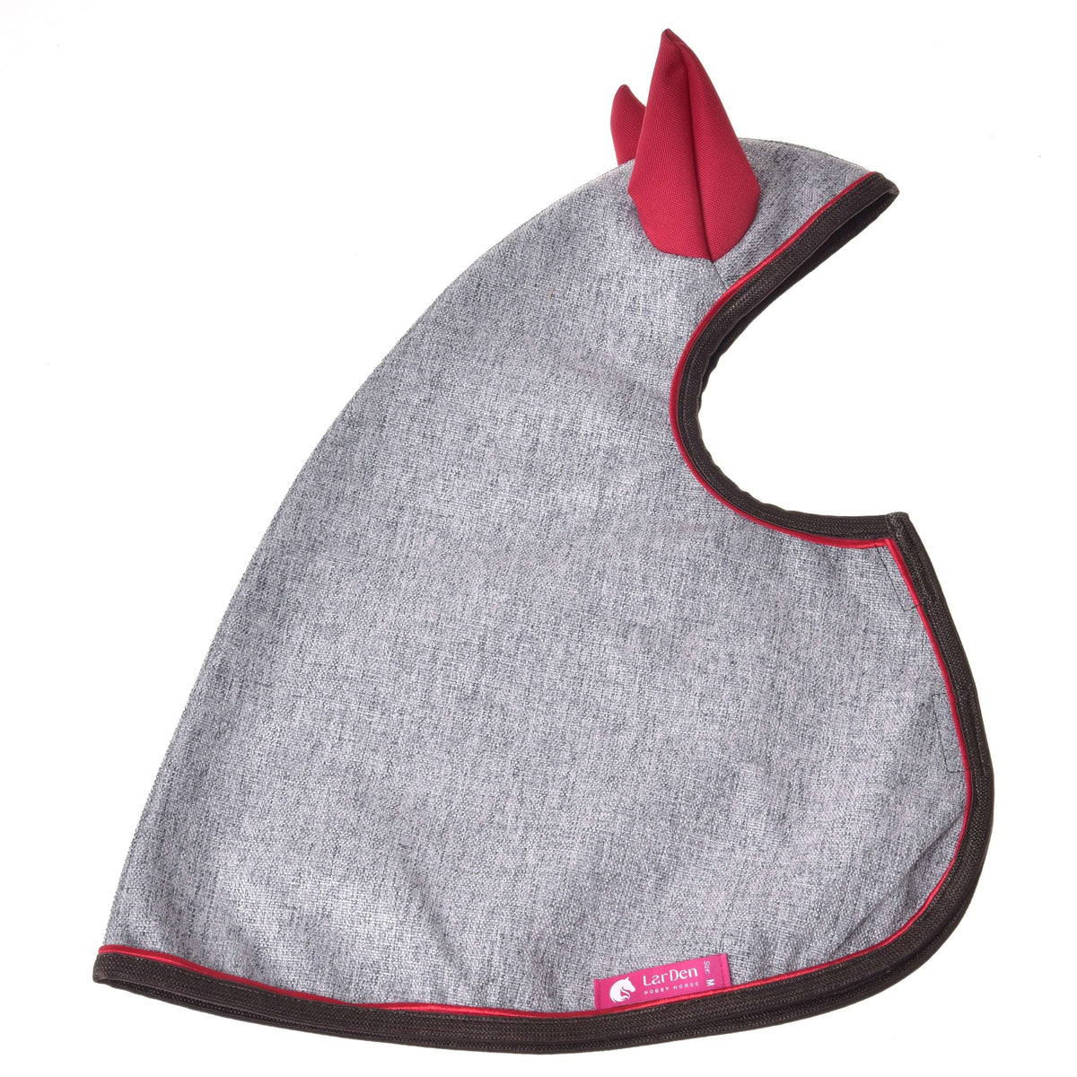 Grey raincoat with red ear covers laid flat from the side, brown edging with red piping and a pink LarDen label