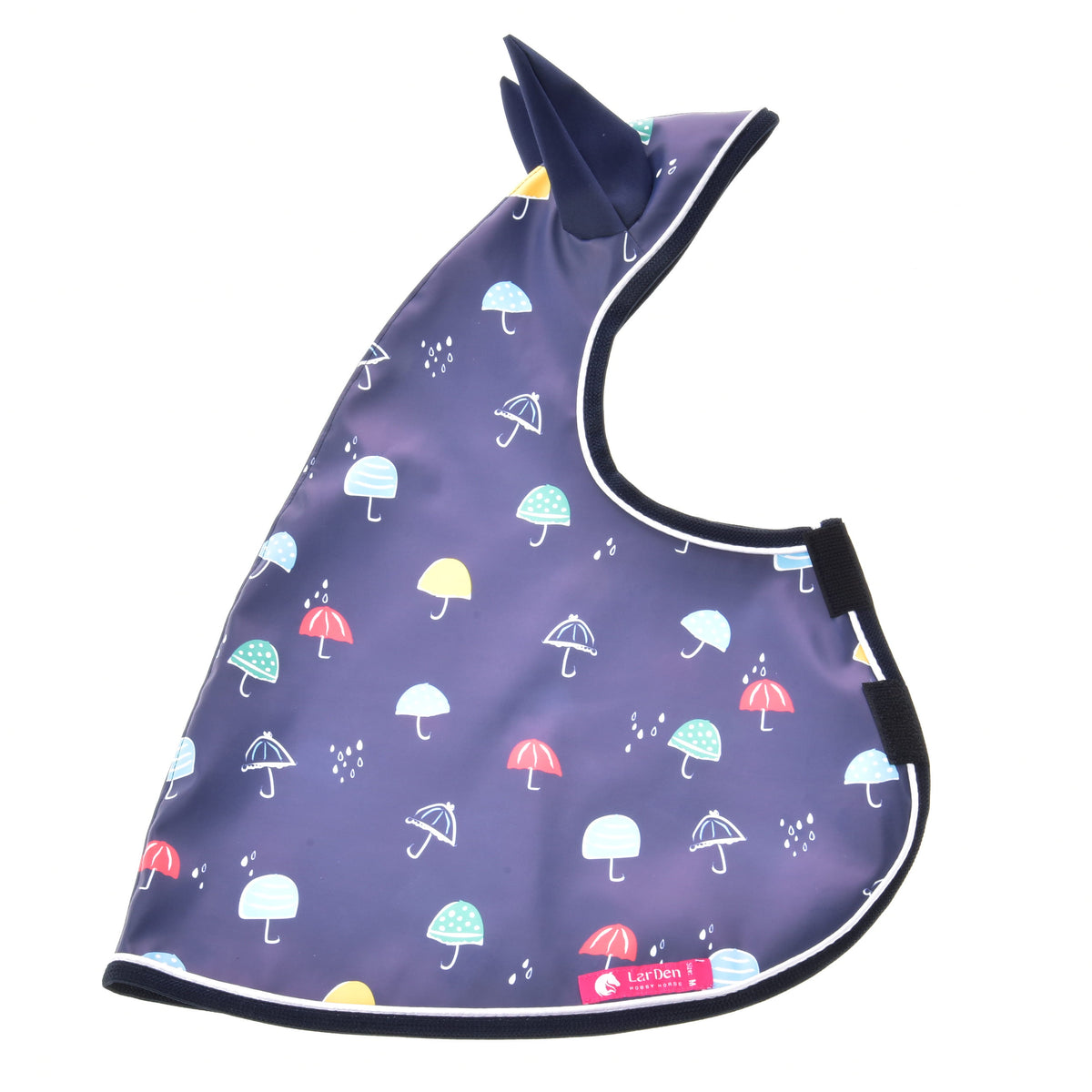 The Raincoat Rainy by Hobby Horse LarDen is a dark blue all-weather bib with colorful mushroom and umbrella prints, a pointed hood, velcro closure—ideal for outdoor fun or Hobby Horse adventures.