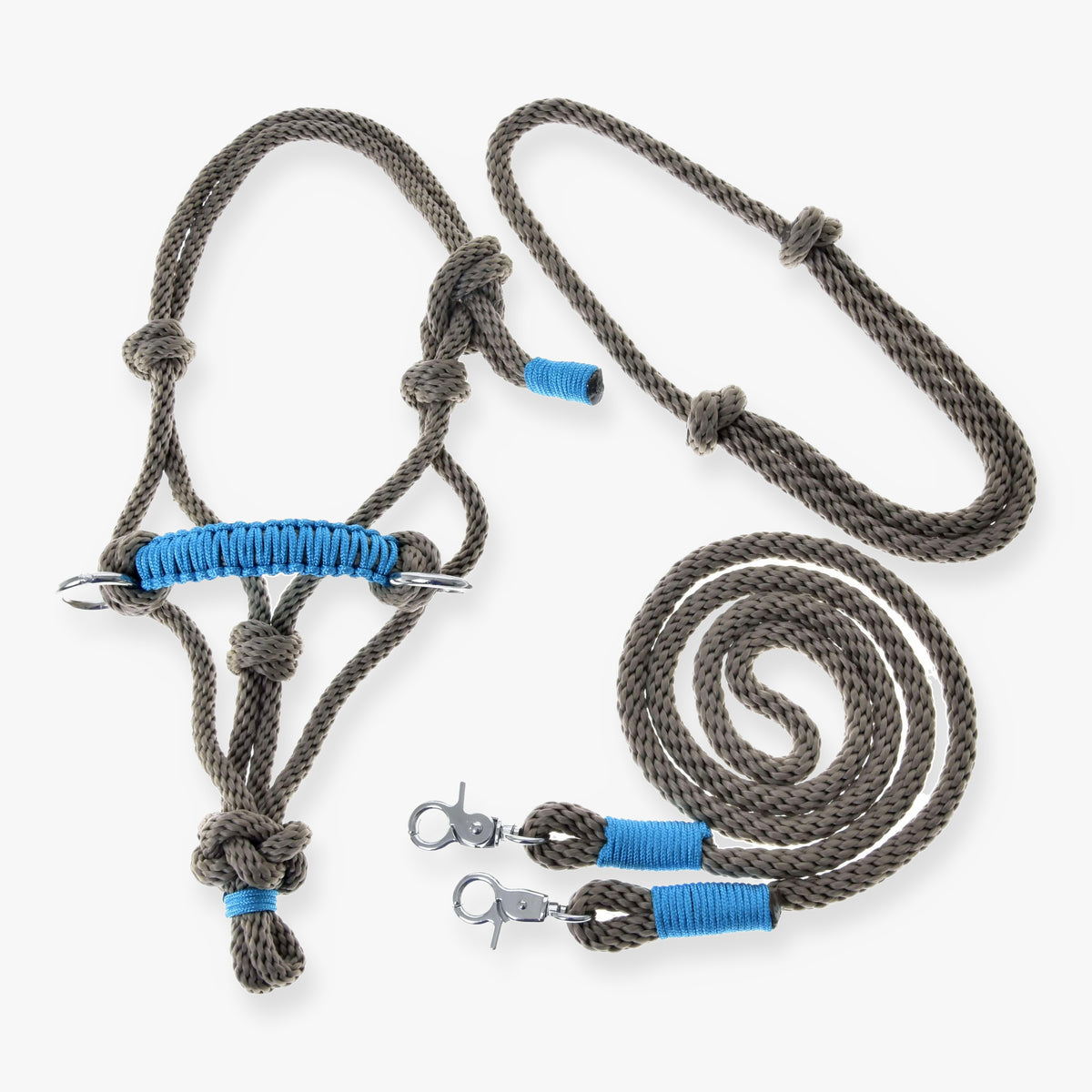 Hobby Horse Rope set Nature Blue by LarDen with grey rope halter, blue wraps and metal clips