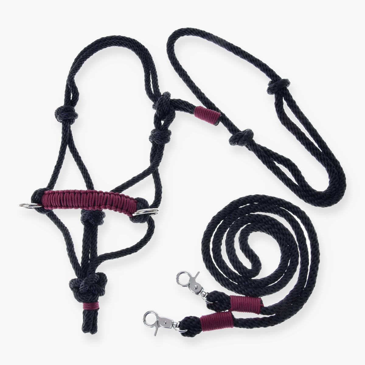 Hobby Horse Rope set Maroon by LarDen with black rope halter, maroon wraps and silver clips